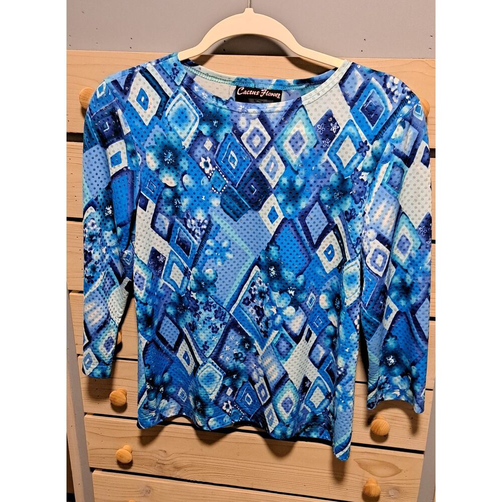 Cactus Flower Blue Sparkle Geometric Top – Size Small- boho, sparkle, chic